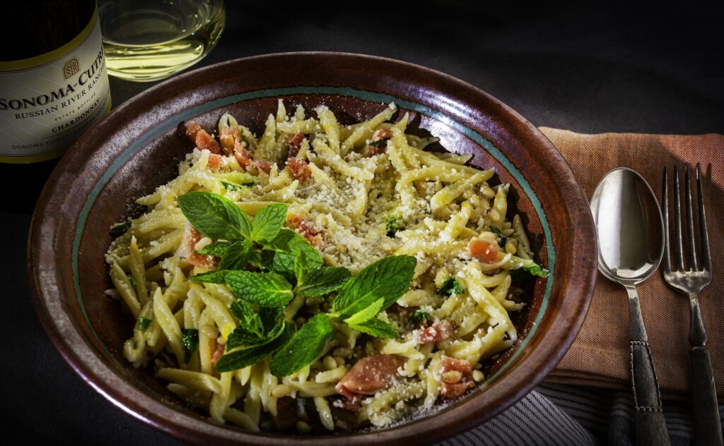 Pasta with Bacon, Cheese, Lemon, and Pine Nuts