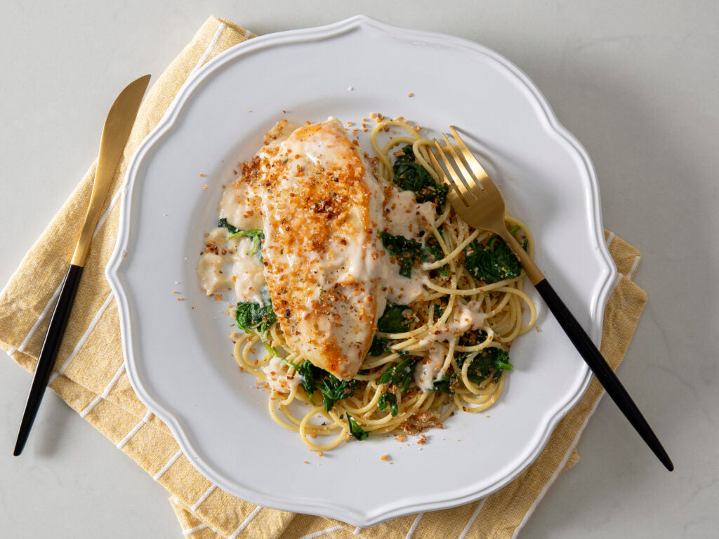 Chicken Alfredo with Crispy Garlic Crumbs