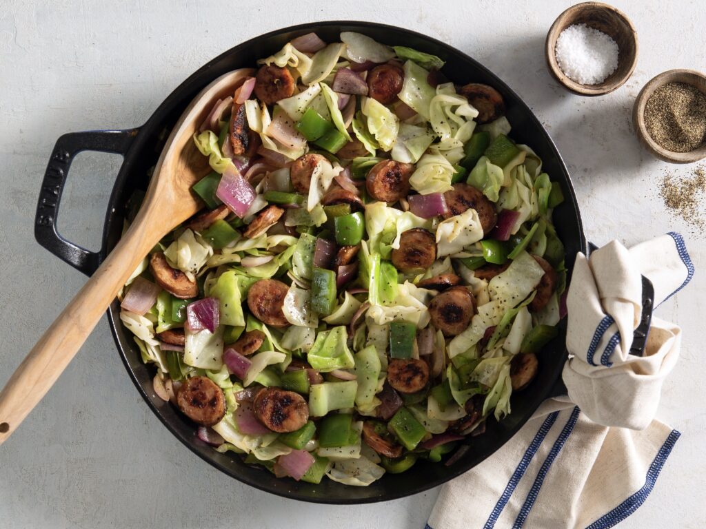 Chicken-Apple Sausages with Cabbage