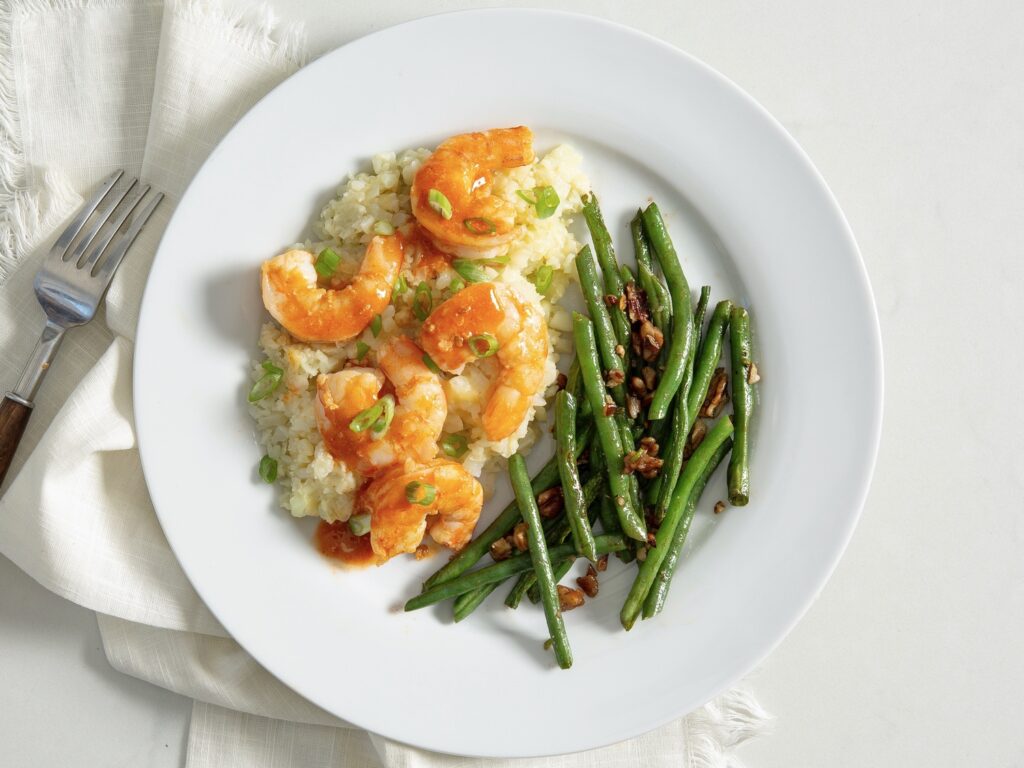 Buffalo Shrimp over Gouda “Grits”