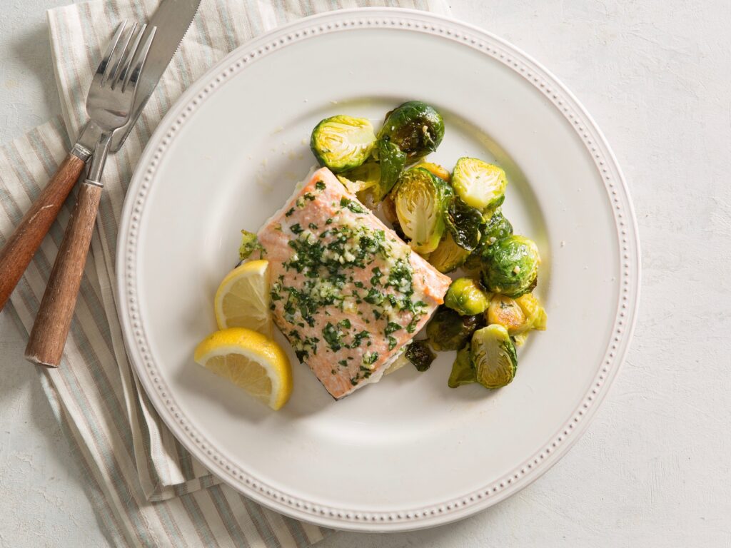 Garlicky Roasted Salmon and Brussels Sprouts