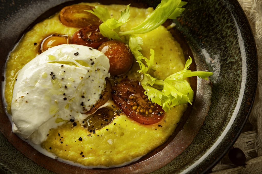 Fresh Corn Polenta with Blistered Tomatoes and Burrata