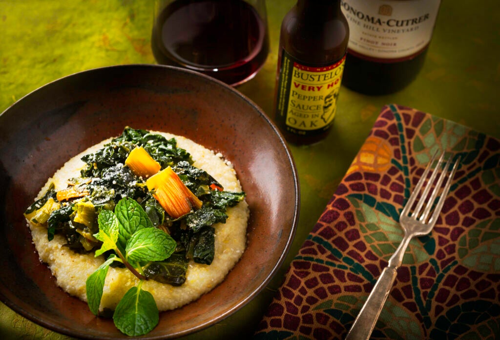 Grits and Greens in a bowl with 2020 Vine Hill Pinot Noir